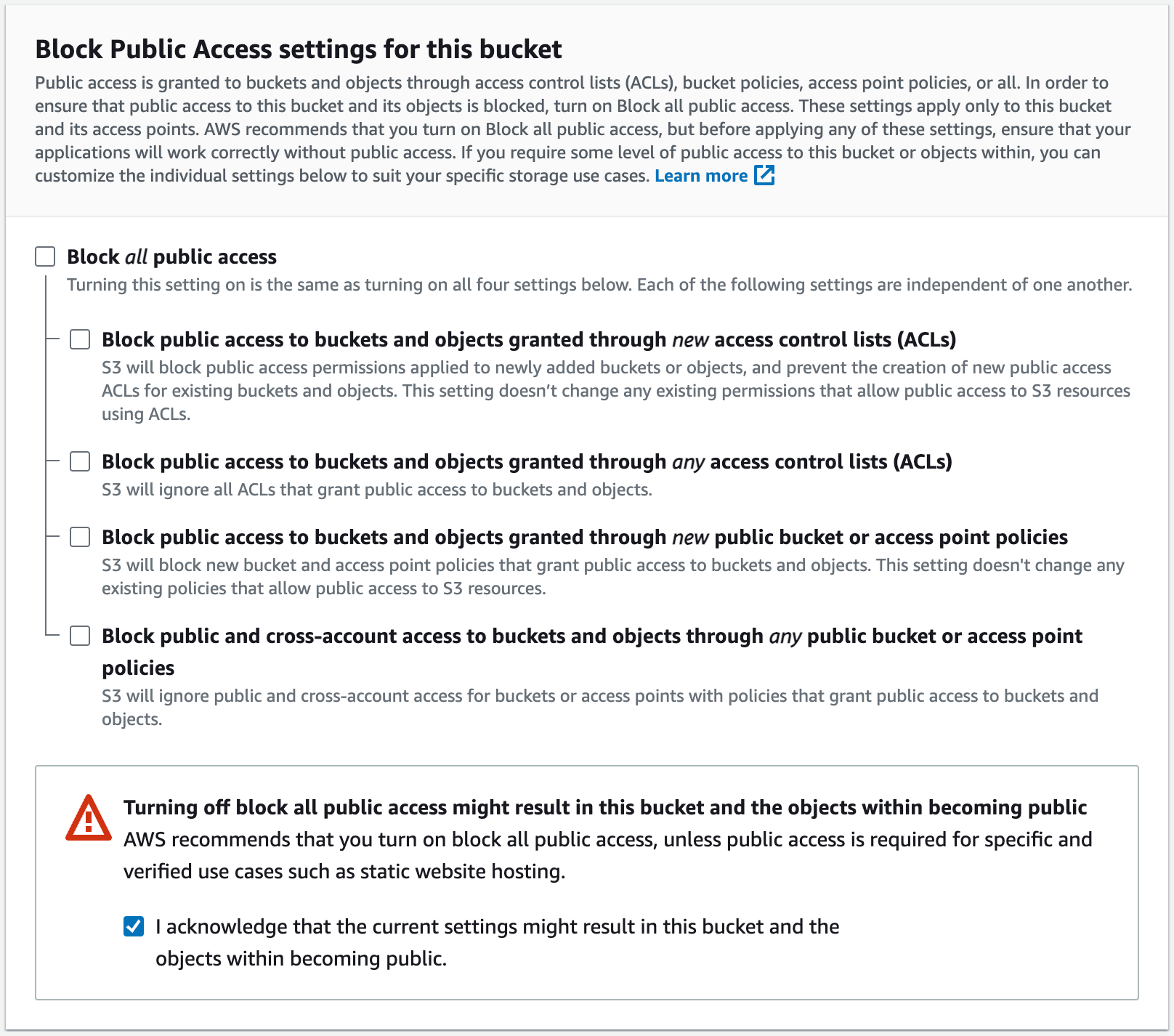 Enable public access to bucket